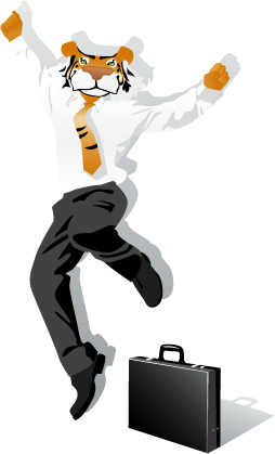 Professionele carrièretijger in wit overhemd met stropdas maakt ambitieuze sprong. Zijn koffertje staat op de grond.
