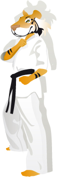 Carrièretijger in judopak met een agressieve uitstraling.