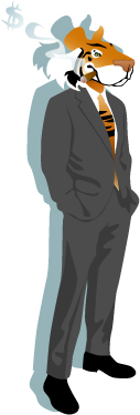 Carrièretijger in grijs pak met stropdas en een pijp in de mond.
