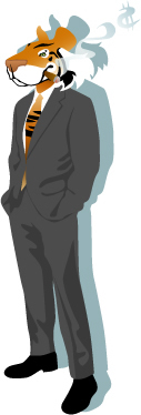 Ondernemende carrièretijger in grijs pak met stropdas en een pijp in de mond.
